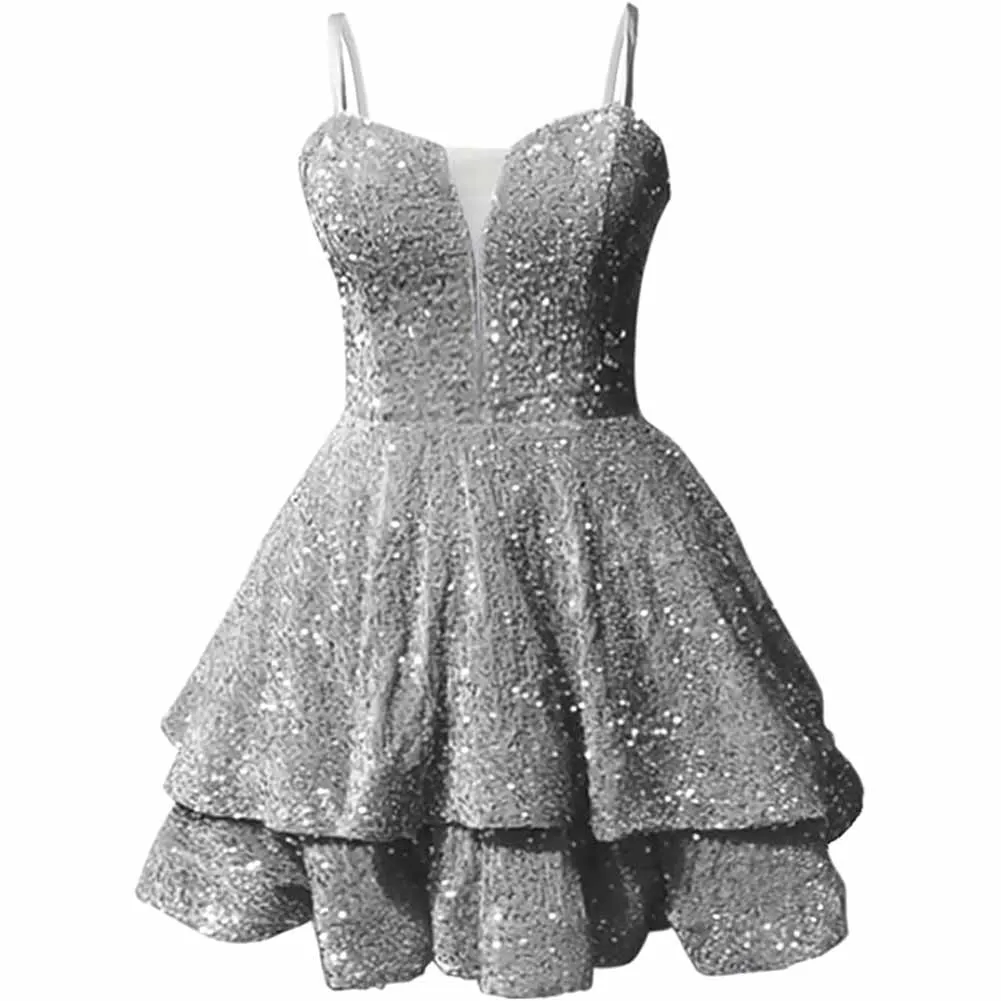 Teens Sequin Prom Dresses Spaghetti Straps Sparkly Short Homecoming Cocktail Dresses