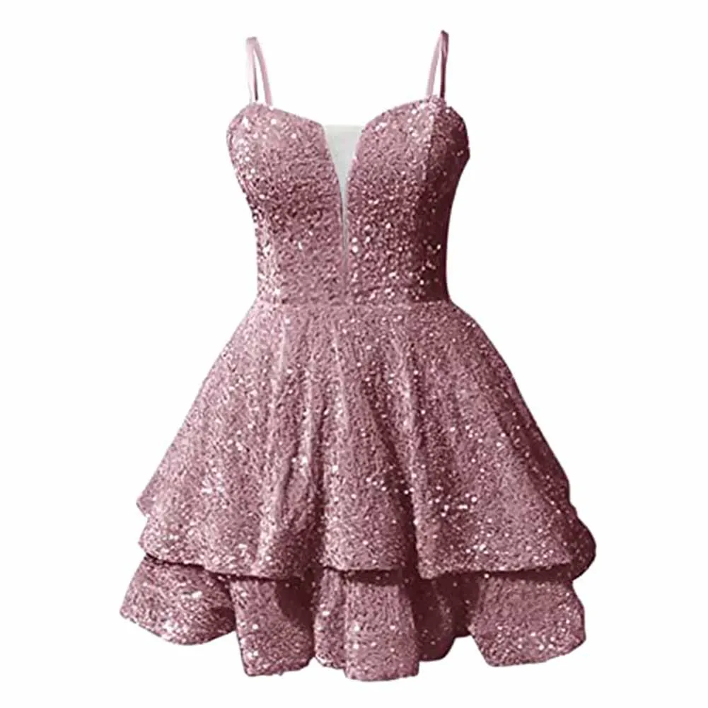 Teens Sequin Prom Dresses Spaghetti Straps Sparkly Short Homecoming Cocktail Dresses