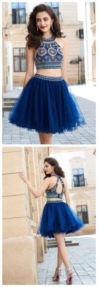 Two  Pieces Halter Beading Homecoming Dresses,Sparkly Cocktail Dresses,Pretty Graduation Dresses, BD0225