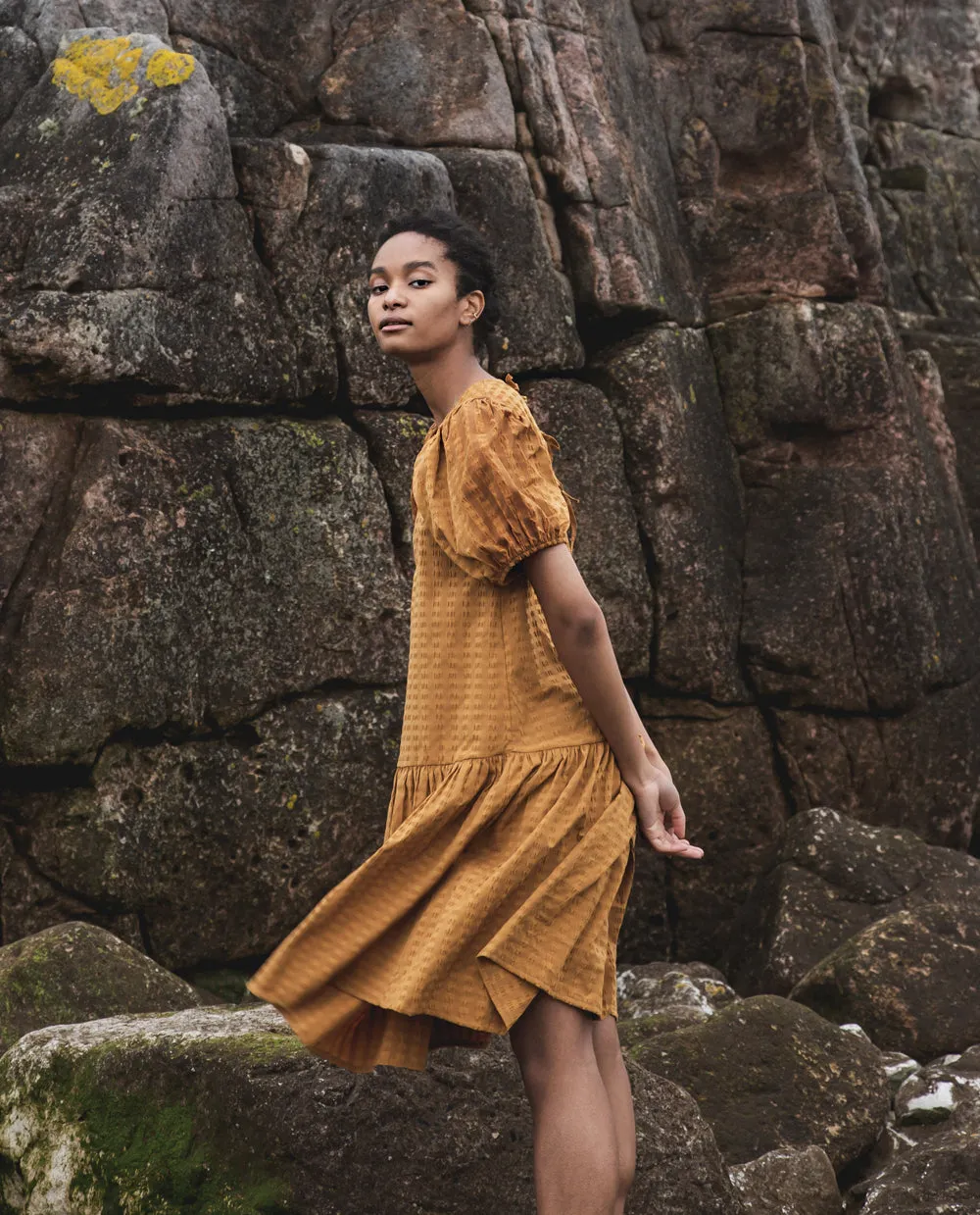 Valene Cotton Seersucker Dress In Burnt Ochre