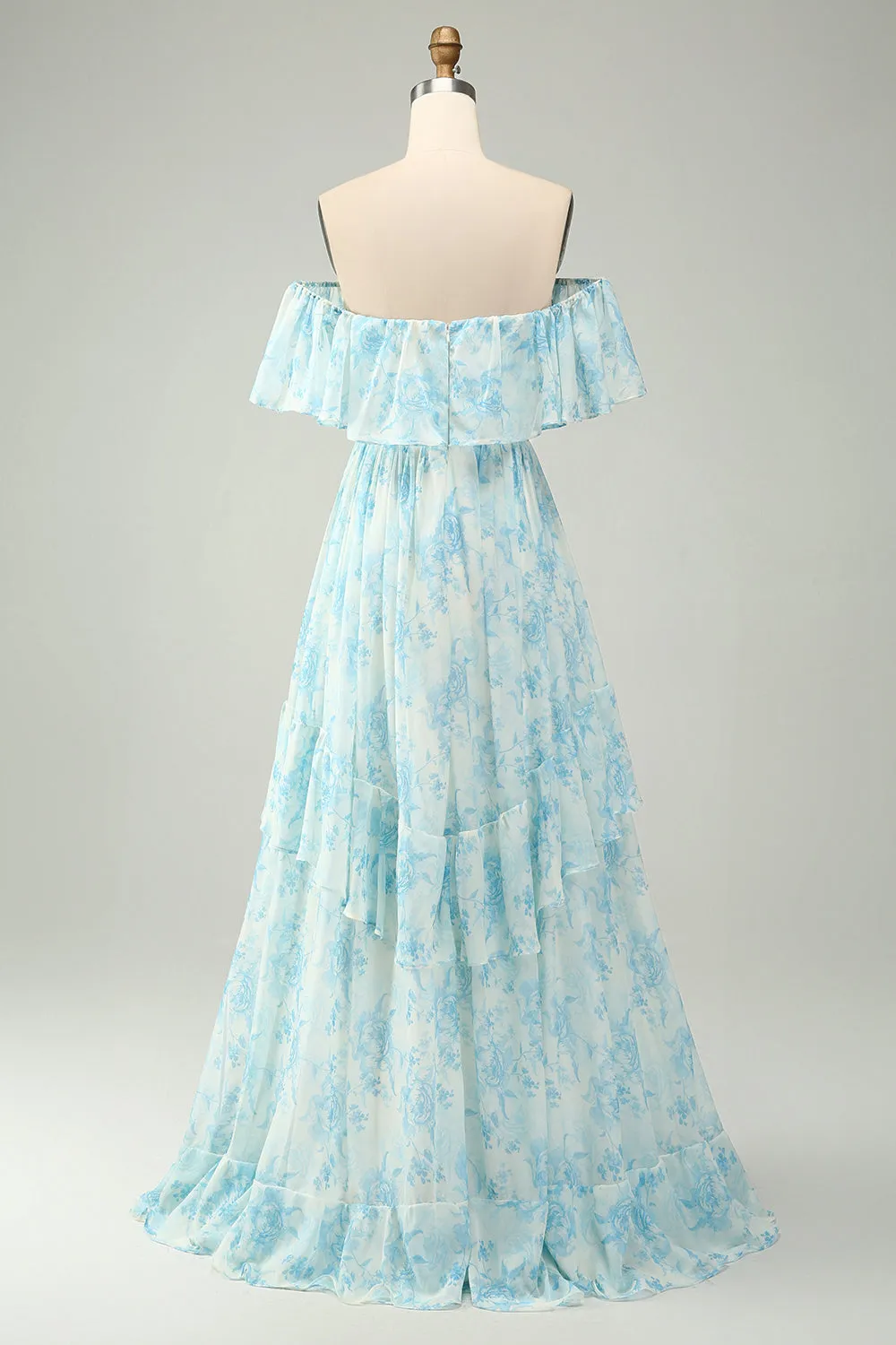 White Blue Floral Off the Shoulder Tiered Maxi Dress