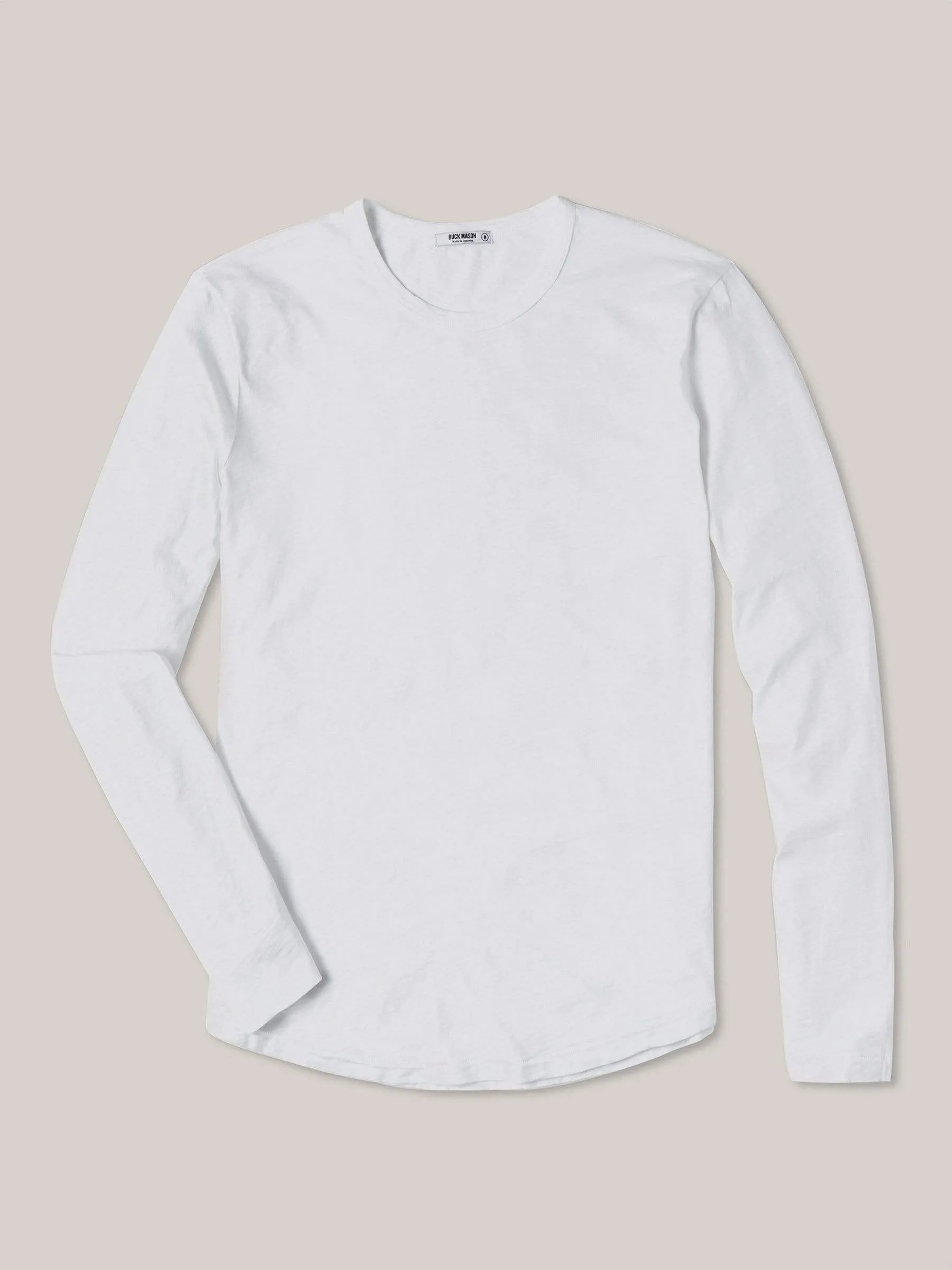 White Long Sleeve Slub Curved Hem Tee