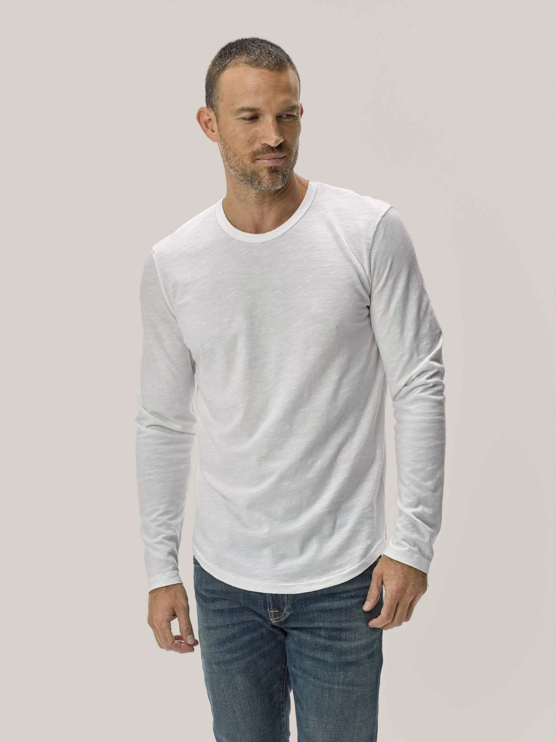 White Long Sleeve Slub Curved Hem Tee