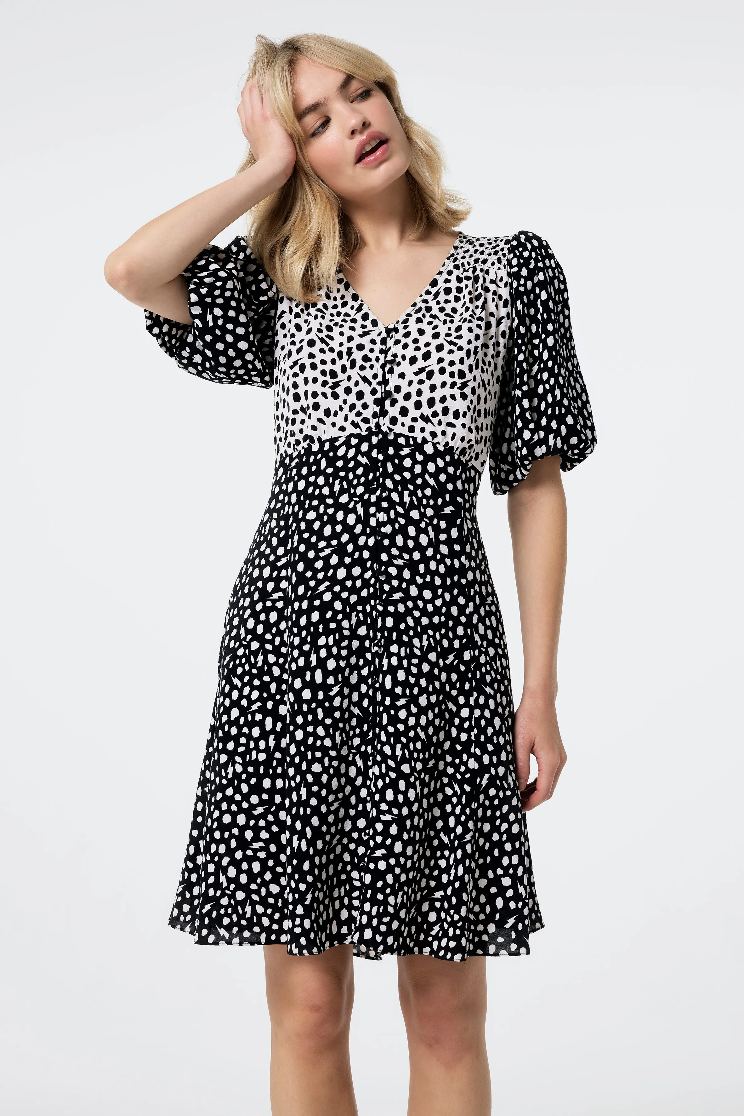 White with Black Mix Cheetah Puff Sleeve Short Tea Dress