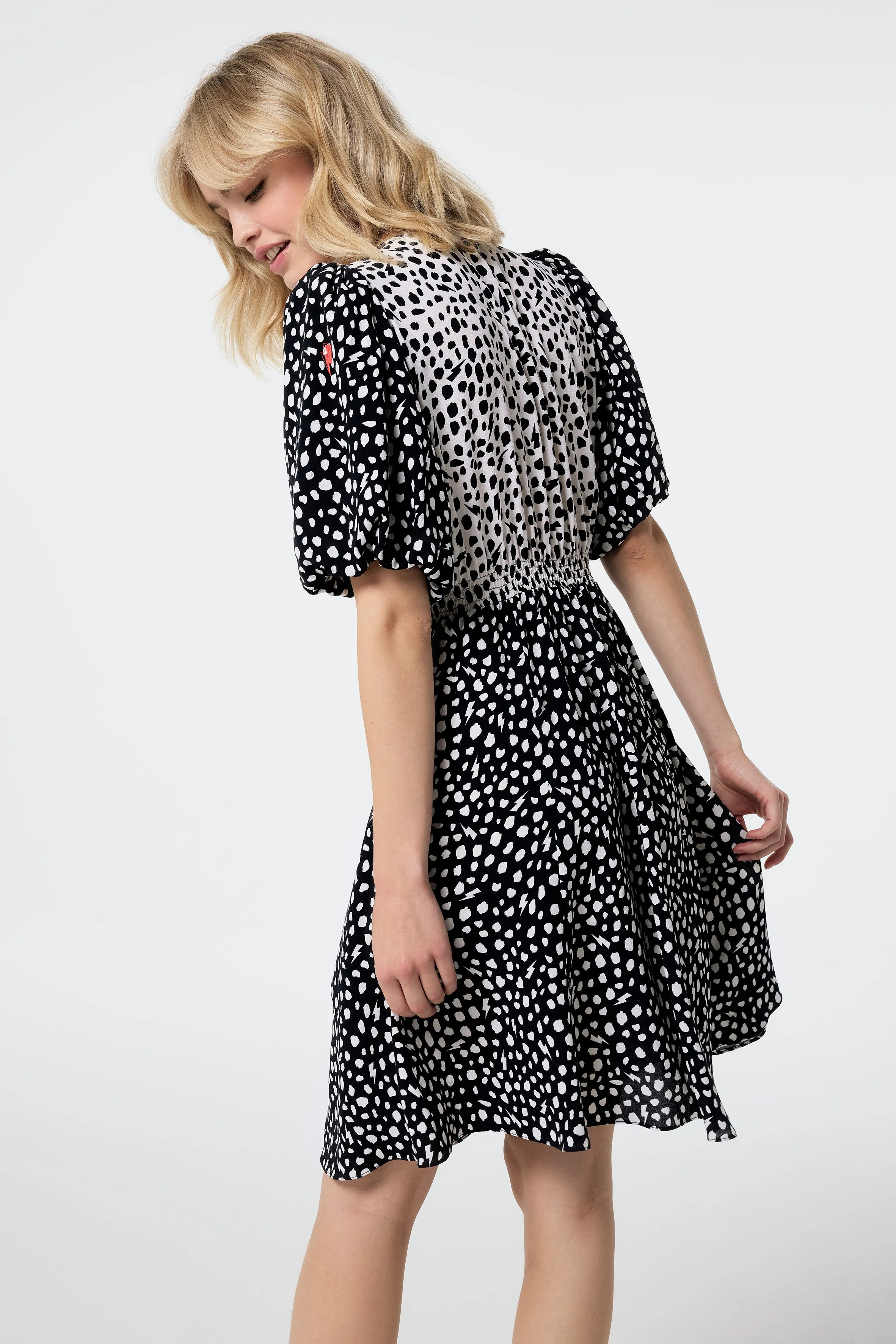 White with Black Mix Cheetah Puff Sleeve Short Tea Dress